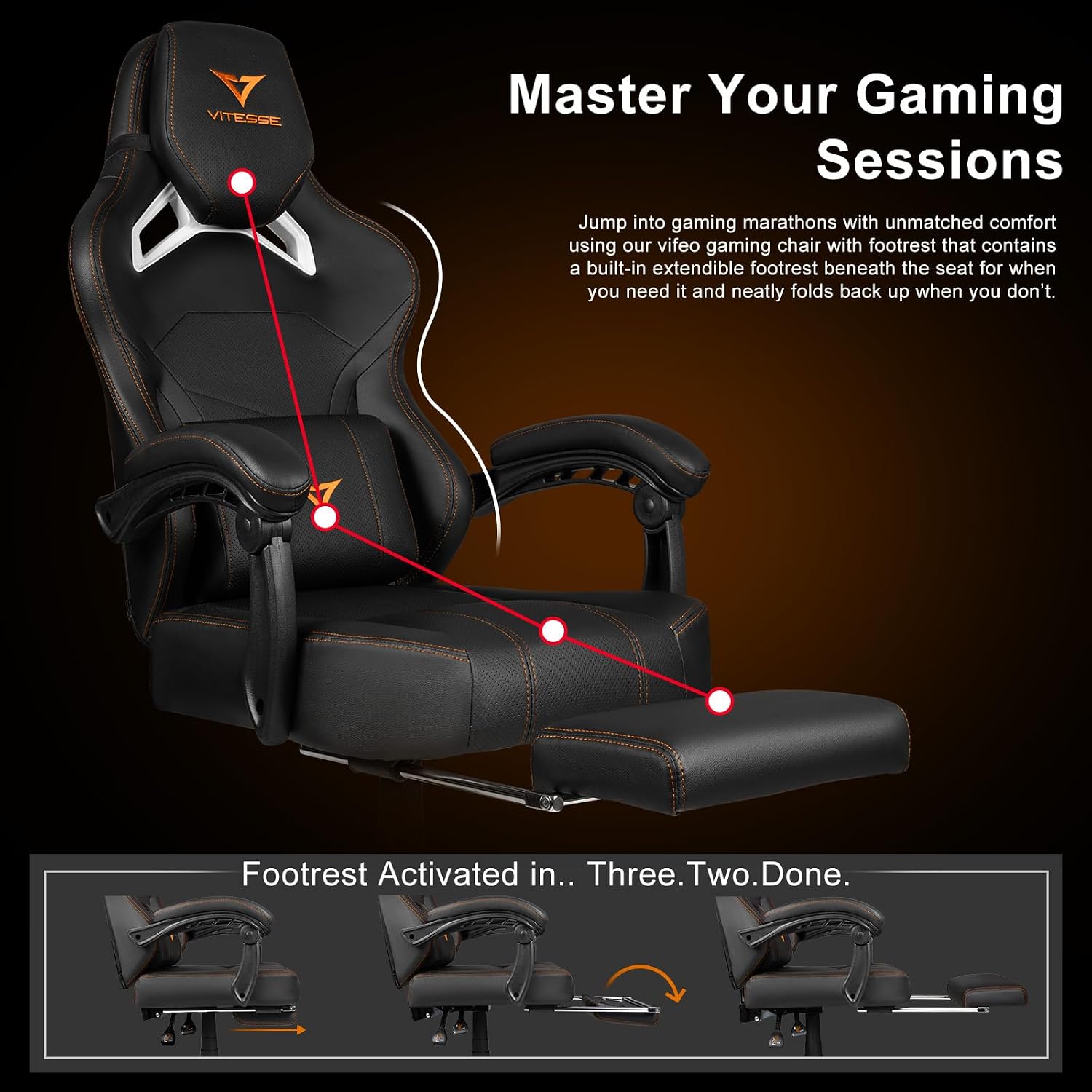 VITESSE Big and Tall Gaming Chair with Footrest,Ergonomic Video Gaming Chair with Oversized Headrest and Lumbar Support for Adults 400lb Weight Capacity,Computer Chair for Office or Gaming (Orange)
