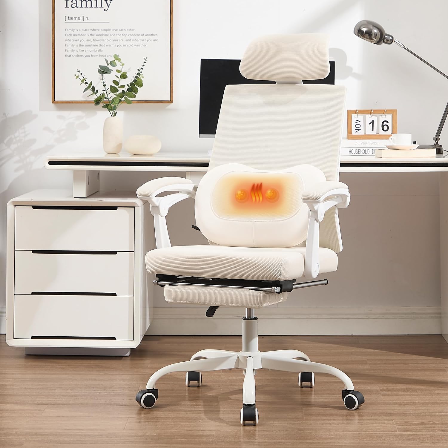 Qulomvs Ergonomic Office Chair with Massage&Heated Lumbar Support, Kneading Massage Office Chair with Foot Rest, Reclining Home Office Desk Chair Adjustable Mesh Computer Desk Chair with Wheels