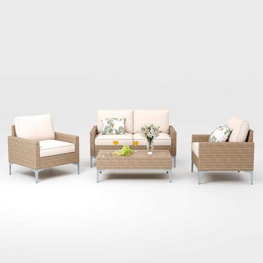 4-Piece Outdoor Patio Furniture Set Beige All-Weather Rattan Outdoor Couch with Coffee Table Outdoor Patio Sofa Seating with Cushions for Garden, Poolside, Porch