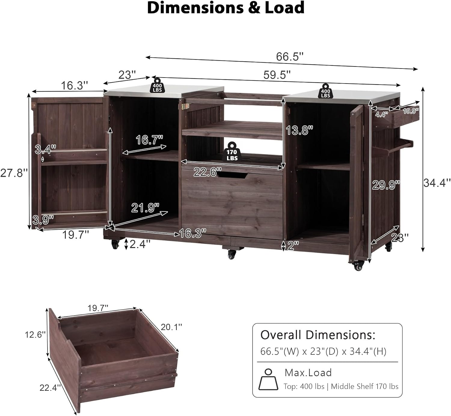 66.5' Outdoor Kitchen Island with Stainless Steel Top for Big Green Egg, Rolling Grill Cart with Adjustable Shelves, Lockable Wheels, Outdoor Table and Bar Storage Cabinet for Patio
