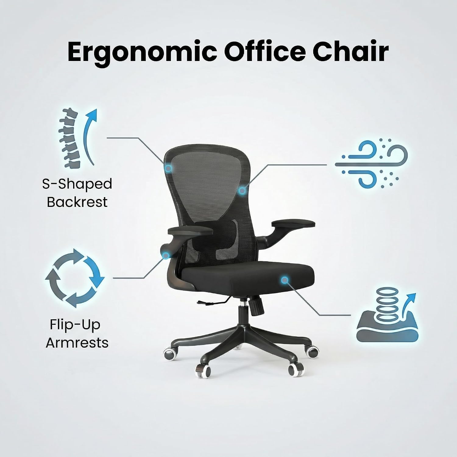 Monhey Office Chair Ergonomic Desk Chair with Lumbar Support&Headrest&Flip-up Arms Height Adjustable Rocking Swivel High Back Computer Chair Warm Taupe Mesh Study Chair (09black)