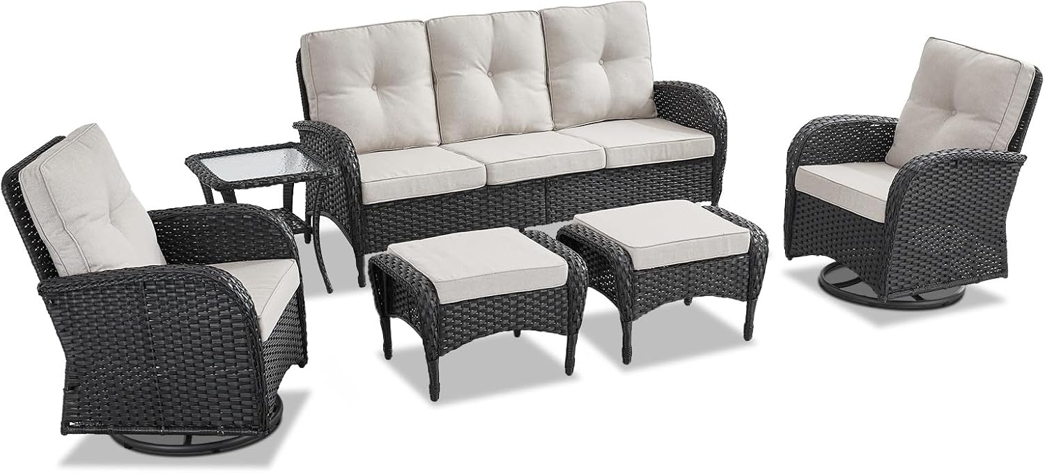 Belord 6 Pieces Wicker Patio Furniture Set - Swivel Rocker Outdoor Chairs with Outdoor Couch and Side Table, All-Weather Patio Conversation Set for Sunroom Deck Backyard Black