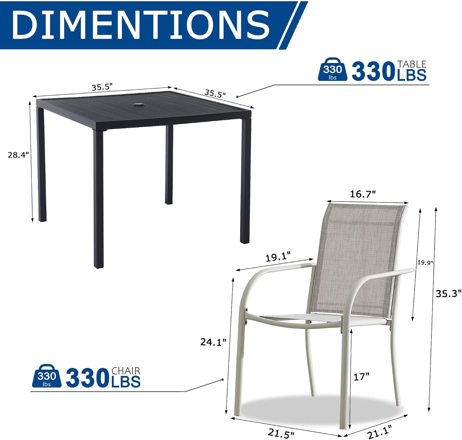 5 Pieces Patio Dining Set for 4, Grey Patio Stackable Chairs and Black Square Table Set of 4, Outdoor Furniture Set with Sling Support for Outside, Garden