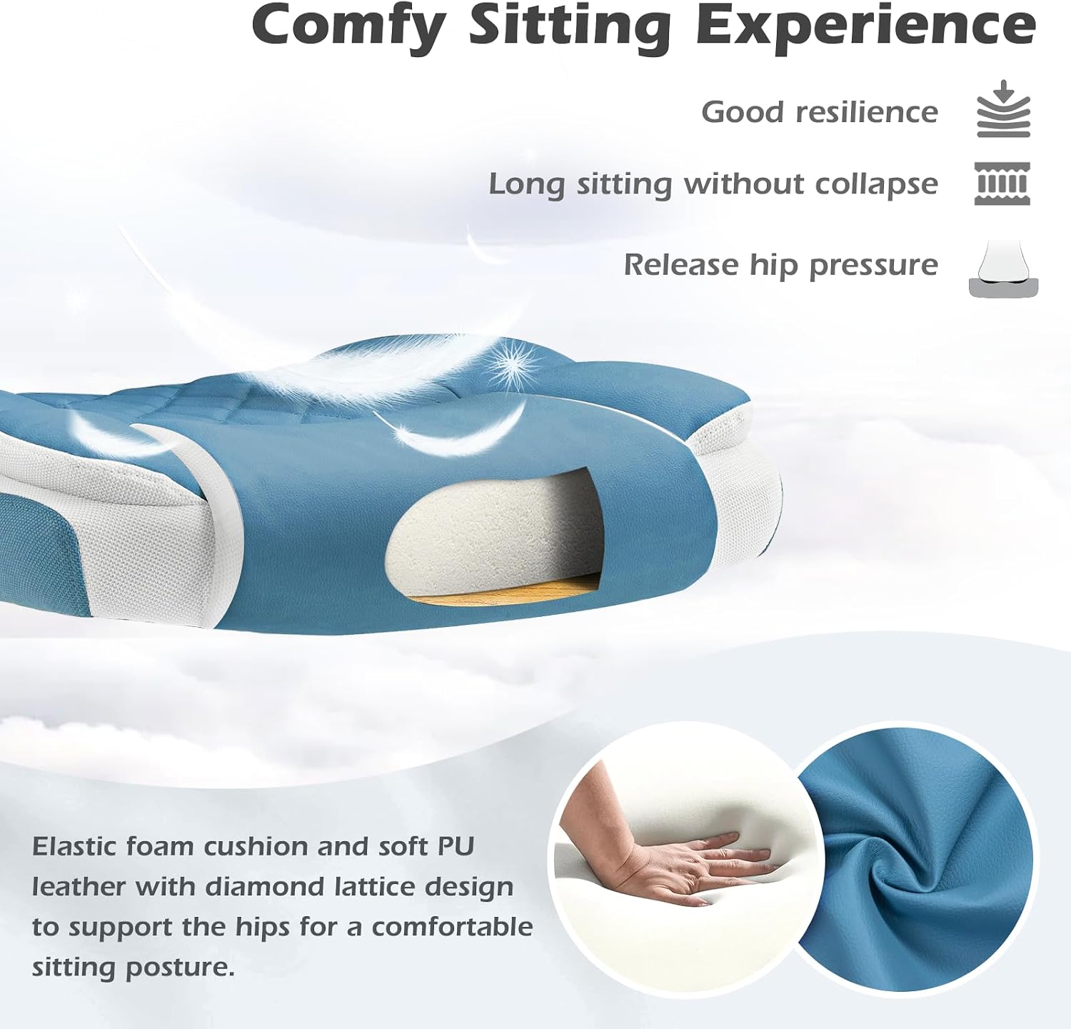 SEATZONE Blue Office Chair Leather Ergonomic Executive Computer Desk Chairs Small Cute Rolling Task Chairs for Teens&Adults