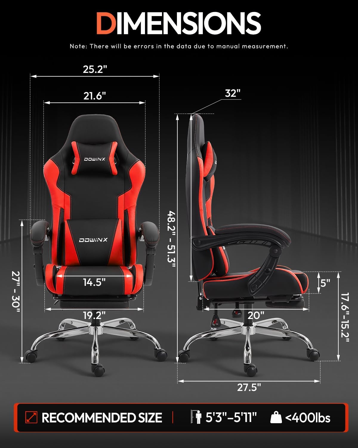 Dowinx Ergonomic Gaming Chair with Footrest & Massage Lumbar, 2D-Linkage Armrests for Computer Chair 330lbs with Headrest Pillow for Office, Home, Streaming and Long Gaming Sessions, Red