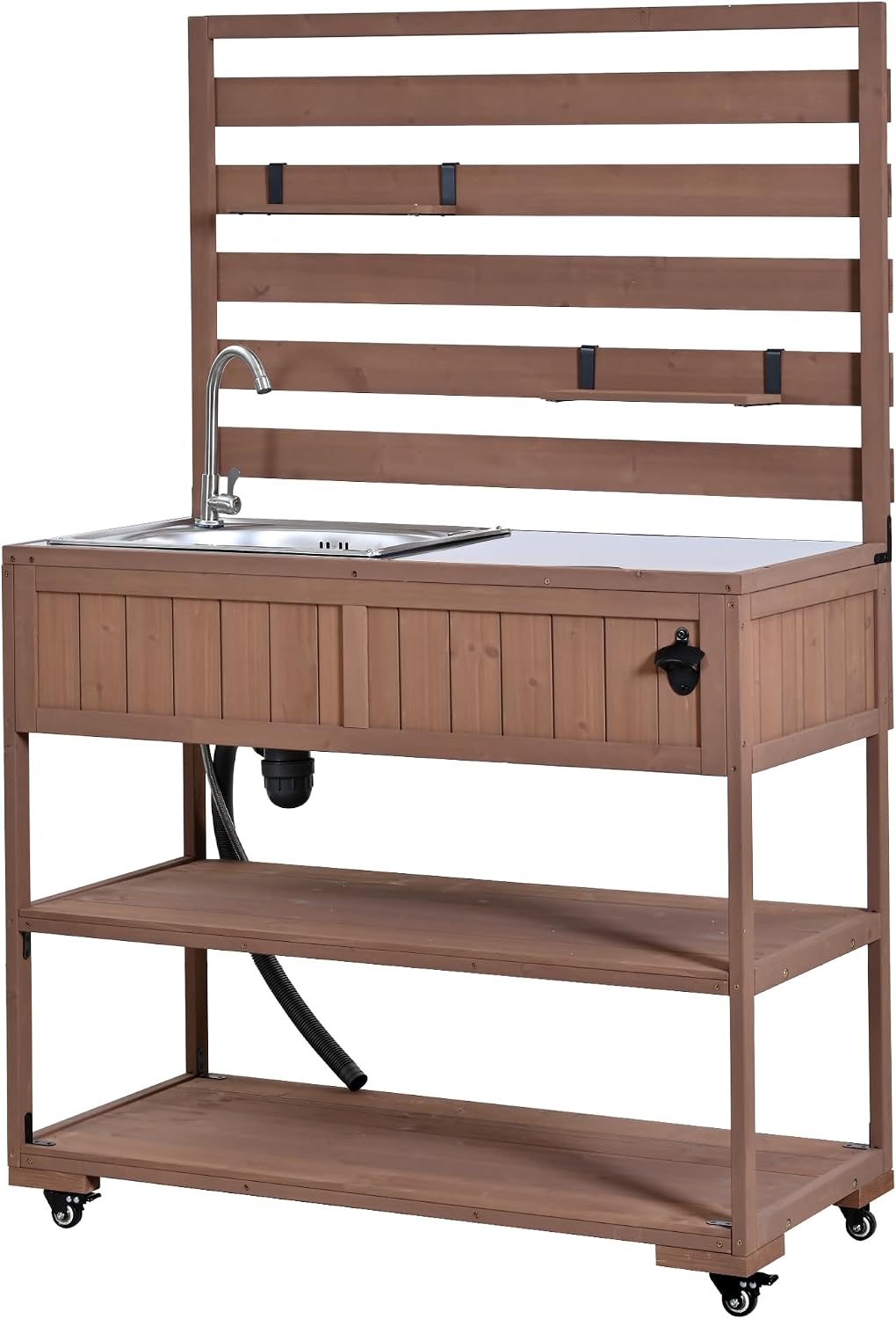 LUMISOL Outdoor Potting Bench Table with Sink and 2 Movable Shelves, Rolling Kitchen Cart with Stainless Table Top, 41.7'' Large Solid Wood Garden Workstation with 1 Bottle Opener, Brown