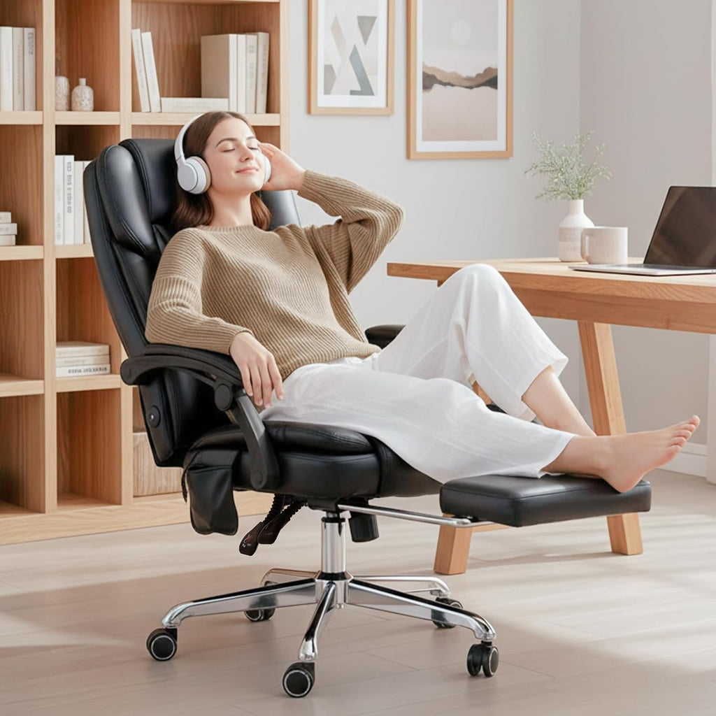 Massage Office Chair with Footrest, High Back Executive Chair, Ergonomic Desk Chair with Removable Pillow, 2 Lumbar Massage Points, Reclining, Leather Computer Chair, Black