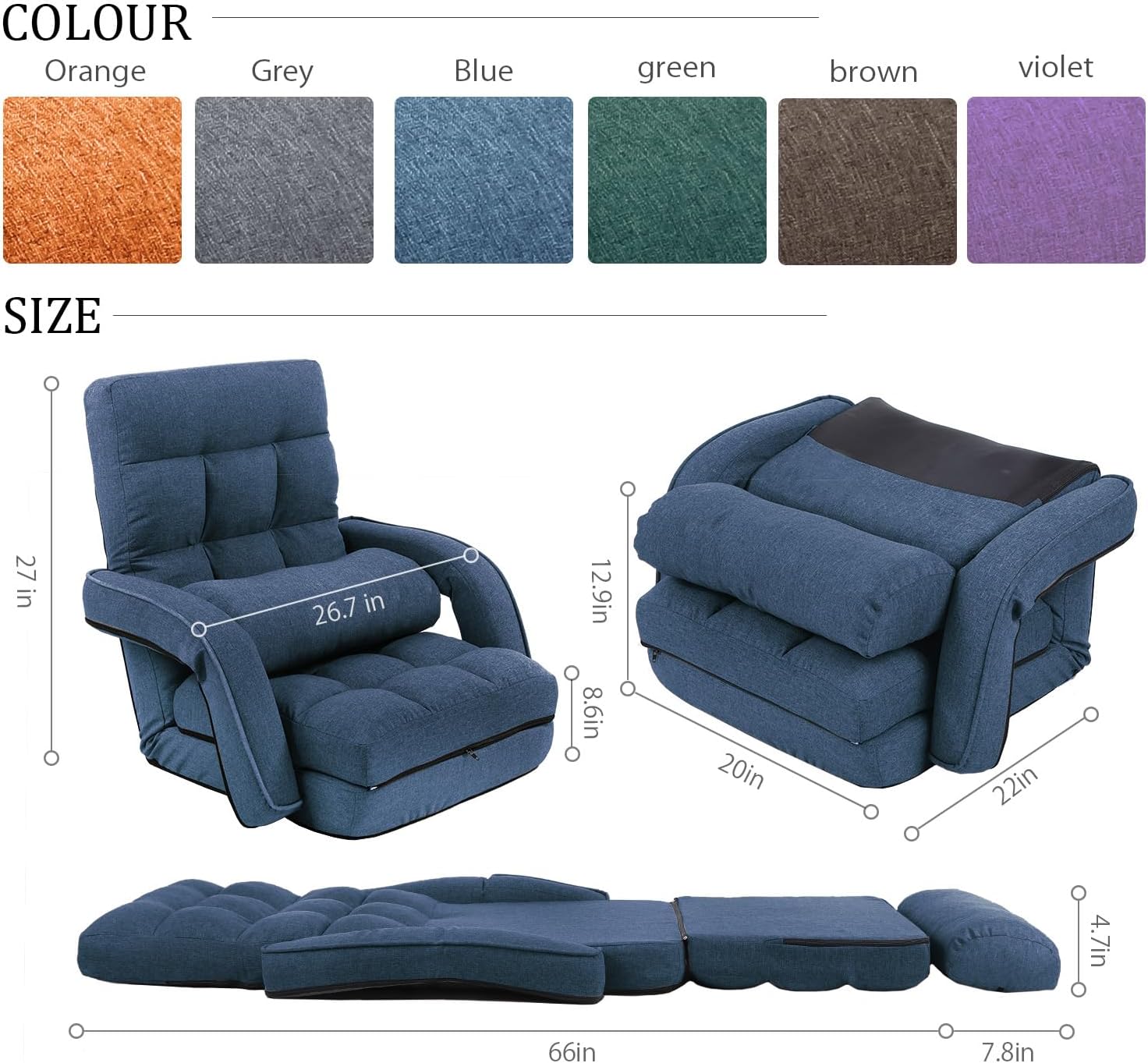 42-Position Adjustable Floor Chair, Chaise Lounge Indoor, Folding Lazy Sofa with Armrests and a Pillow Padded Adults Gaming Chairs for Living Room, Bedroom Factory Price, 8803XM (Blue)