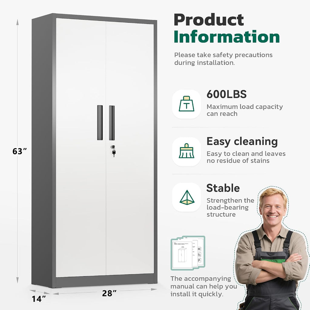 Greenvelly Metal Storage Cabinet, 63' H Locking Metal Storage Cabinet with Doors and 4 Shelves, Lockable Steel Cabinets for Kitchen, Bedroom, Living Room, Office (White Grey)