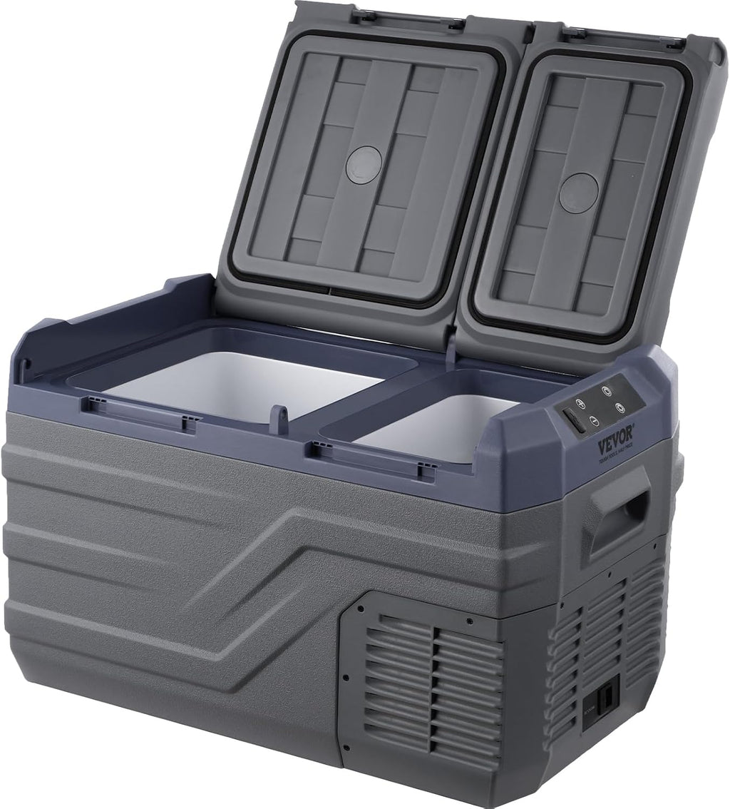 VEVOR NLS35, 12 Volt Car Refrigerator Fridge, 25Liter(26.4qt) Dual Zone Portable Freezer, -4℉-68℉ Adjustable Range, 12/24V DC and 100-240V AC Compressor Cooler for Outdoor, Camping, RV, Grey