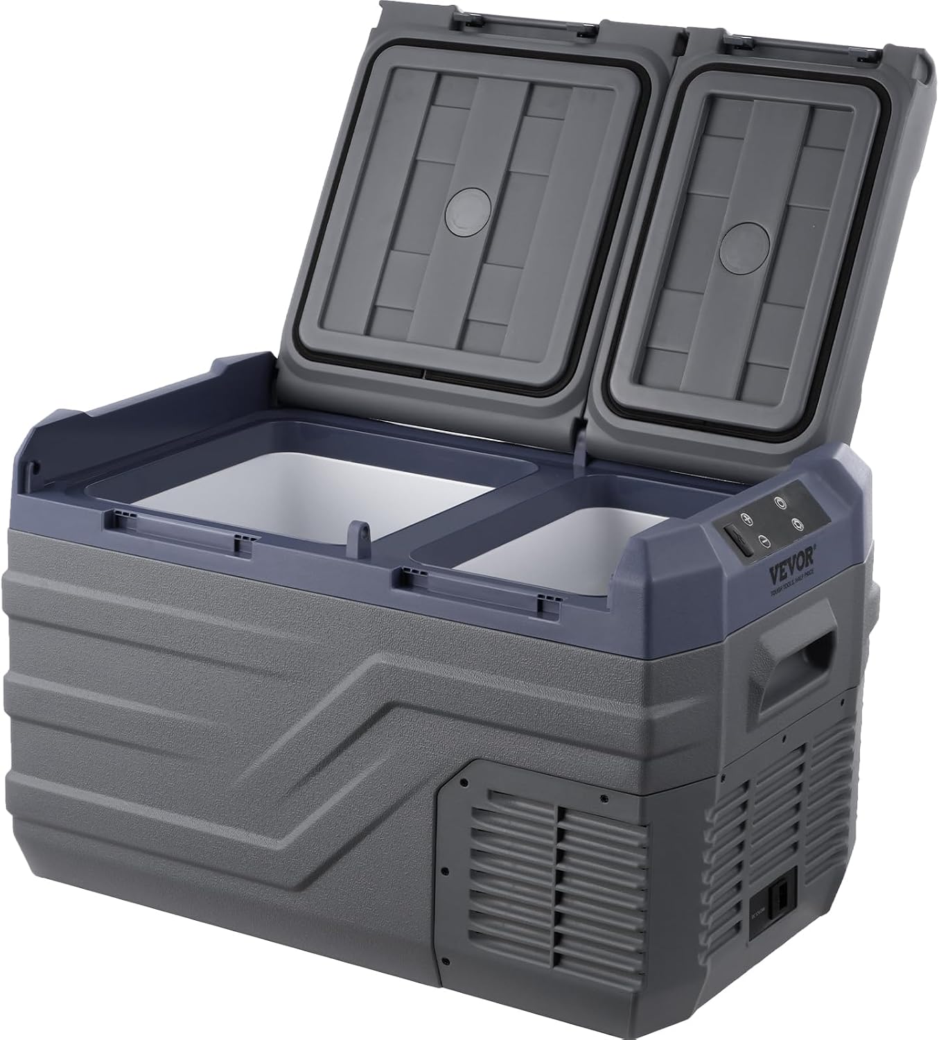 VEVOR NLS35, 12 Volt Car Refrigerator Fridge, 25Liter(26.4qt) Dual Zone Portable Freezer, -4℉-68℉ Adjustable Range, 12/24V DC and 100-240V AC Compressor Cooler for Outdoor, Camping, RV, Grey