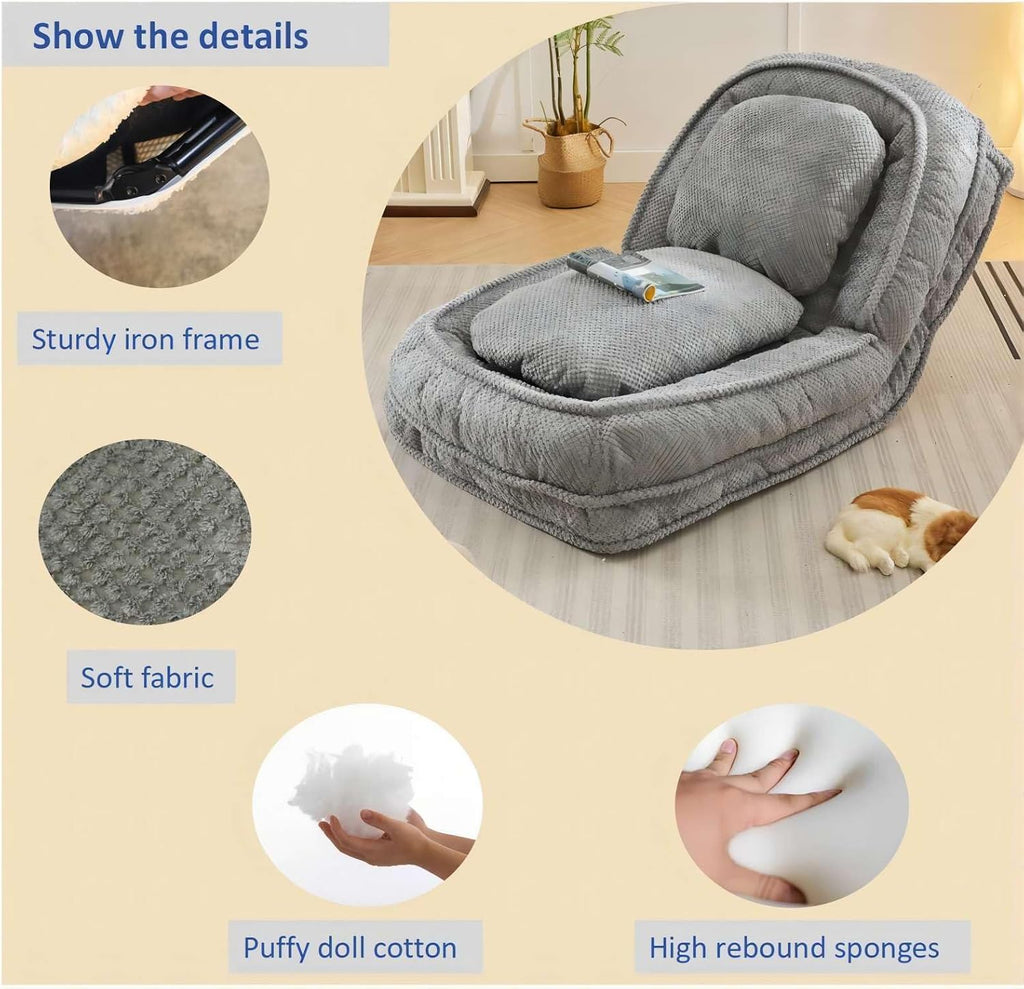 Floor Chair with Back Support, Folding Sofa Chair with 5 Adjustable Position, Plush Floor Gaming Chair, Meditation Chair for Lazy Boys, Human Dog Bed for Living Room, Lounge, Bedroom, Grey