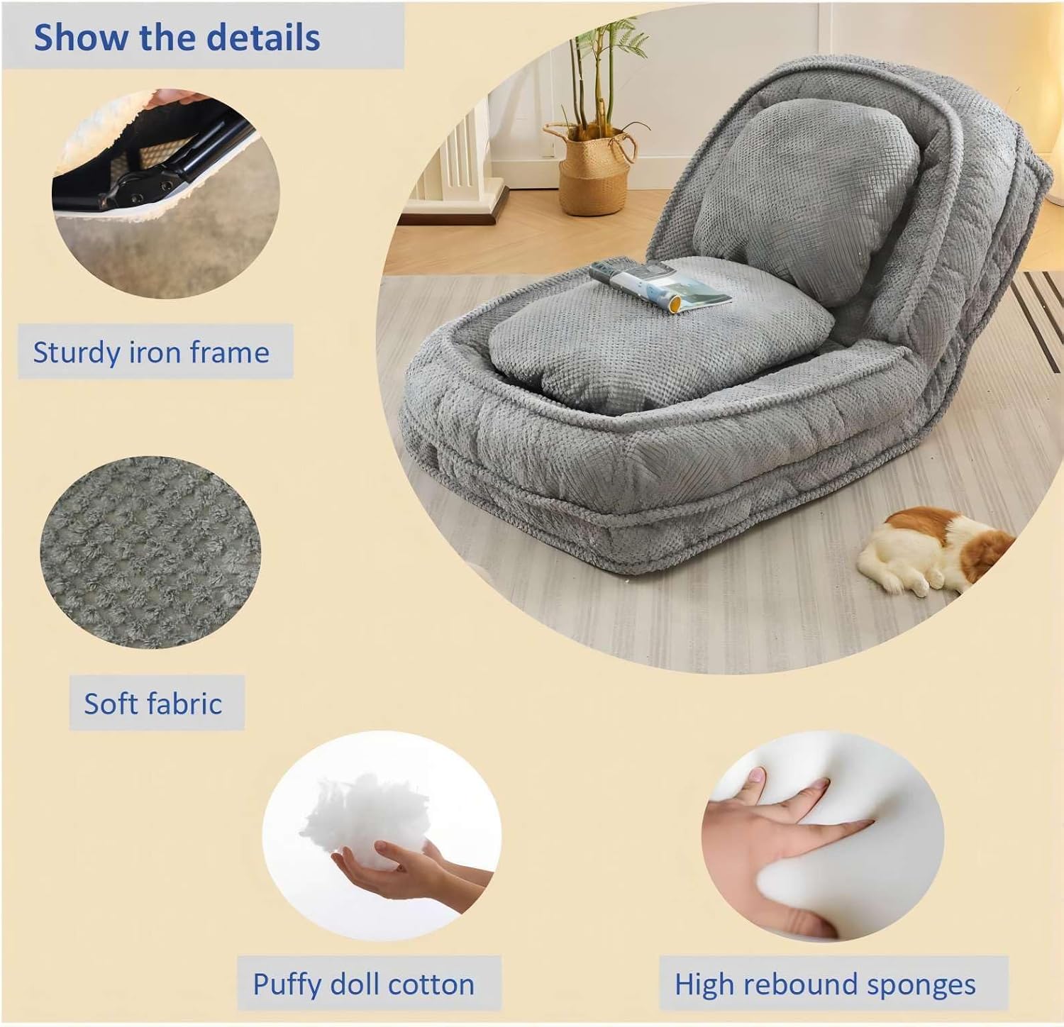Floor Chair with Back Support, Folding Sofa Chair with 5 Adjustable Position, Plush Floor Gaming Chair, Meditation Chair for Lazy Boys, Human Dog Bed for Living Room, Lounge, Bedroom, Grey