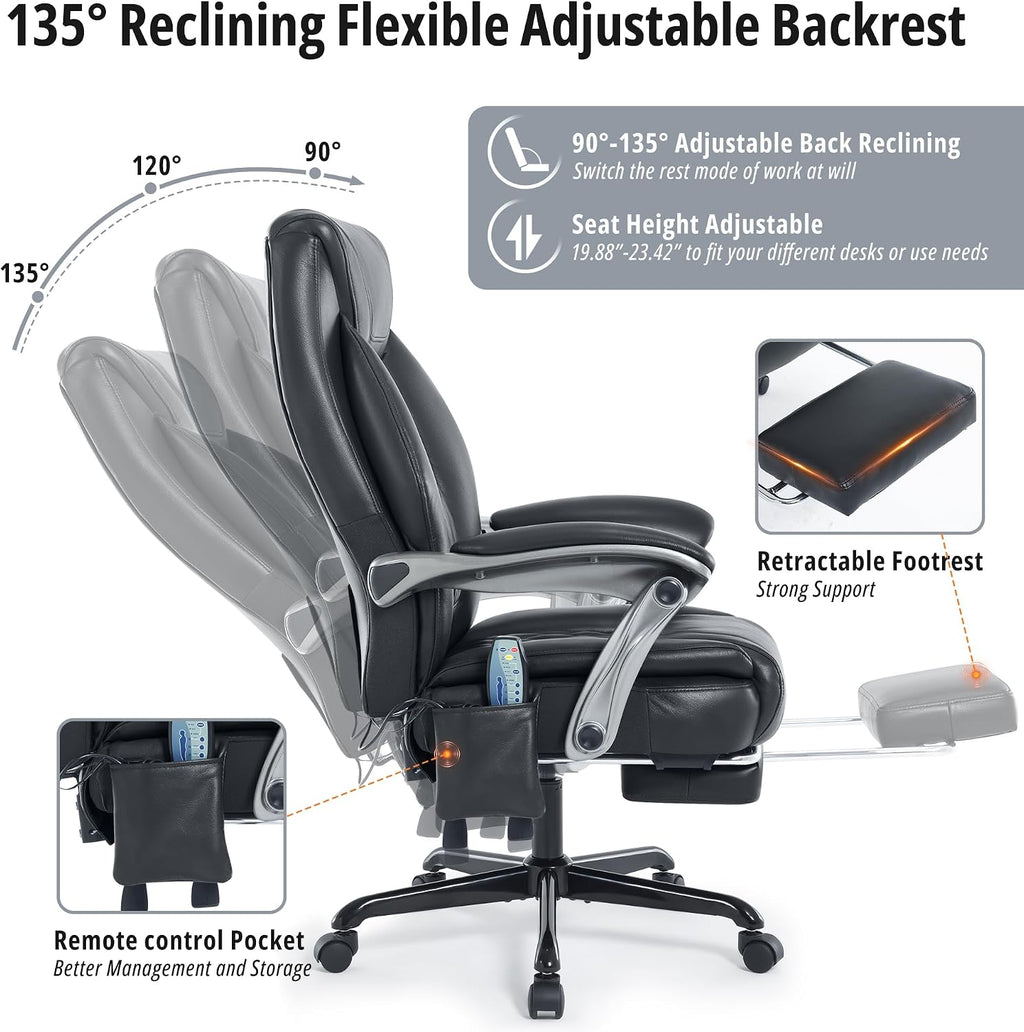 Massage Office Chair with Heat & Footrest, Ergonomic Reclining Executive Desk Chairs with 6-Point Vibration, PU Leather Computer Chair for Home Office or Gaming