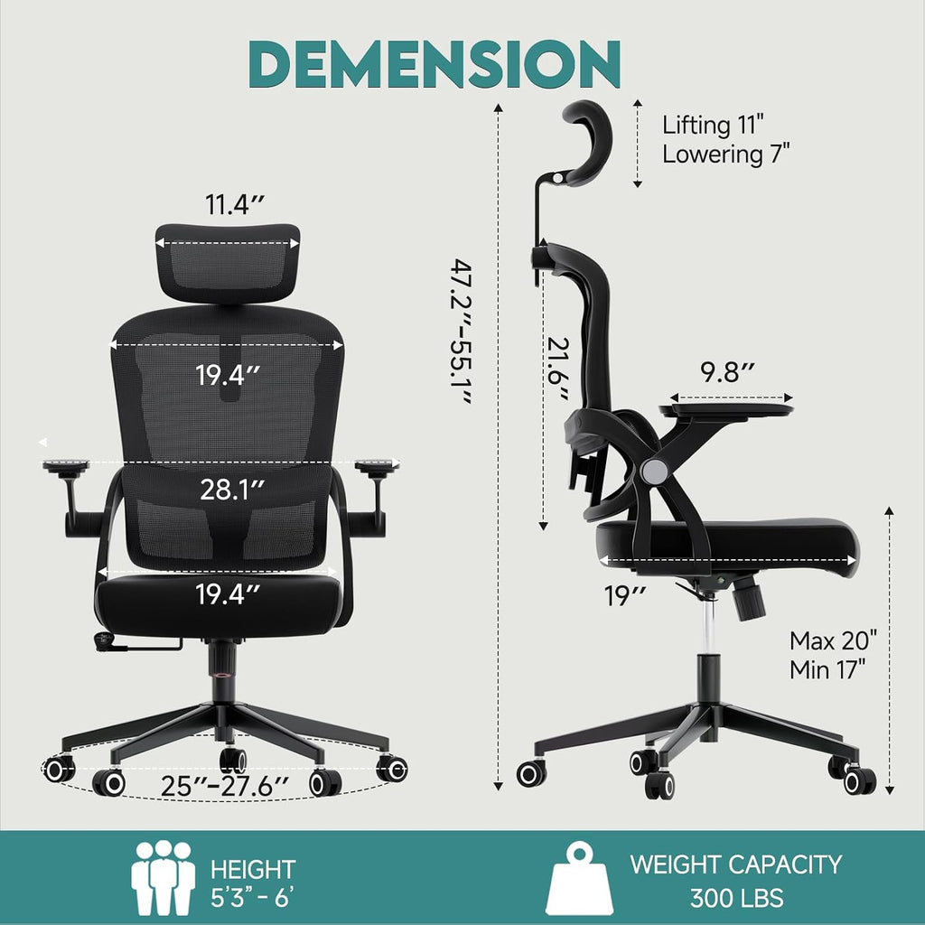 Monhey Ergonomic Office Desk Chair, 90°-125° Tilt Back Home Desk Chair with 360° Swivel & Mute Wheels, High Back Mesh Computer Chair for Adults with Lumbar Support, 330 LBS Capacity(05Black)