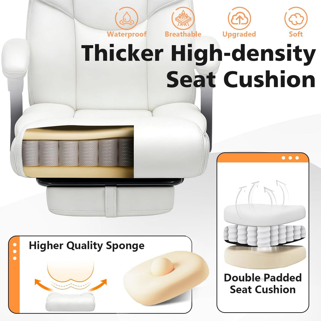 WAILOR 400lbs Office Chair with Foot Rest, Reclining Big and Tall Office Chair with Lumbar Support, High Back PU Leather Computer Chair,Comfy Desk Chair for Home Office (Casual) (White)