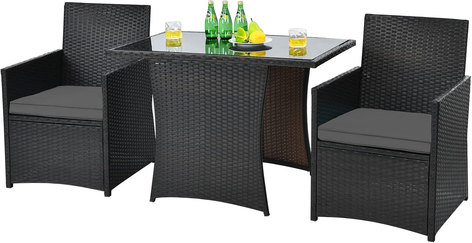 HAPPYGRILL 3 Piece Patio Furniture Set, Outdoor PE Rattan Wicker Bistro Set with Washable Cushions & Tempered Glass Table, for Backyard Porch Garden Balcony Poolside