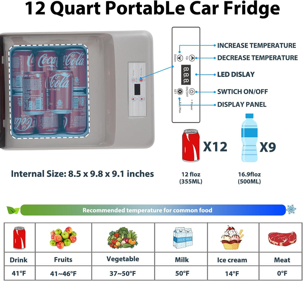 Alpicool C12PT Portable Car Freezer Cooler, 12 Volt Car Refrigerator, 12 Quart Fast Cooling, with 12/24V DC and 100-240V AC for Outdoor, Camping, RV, Truck (Black&Grey)