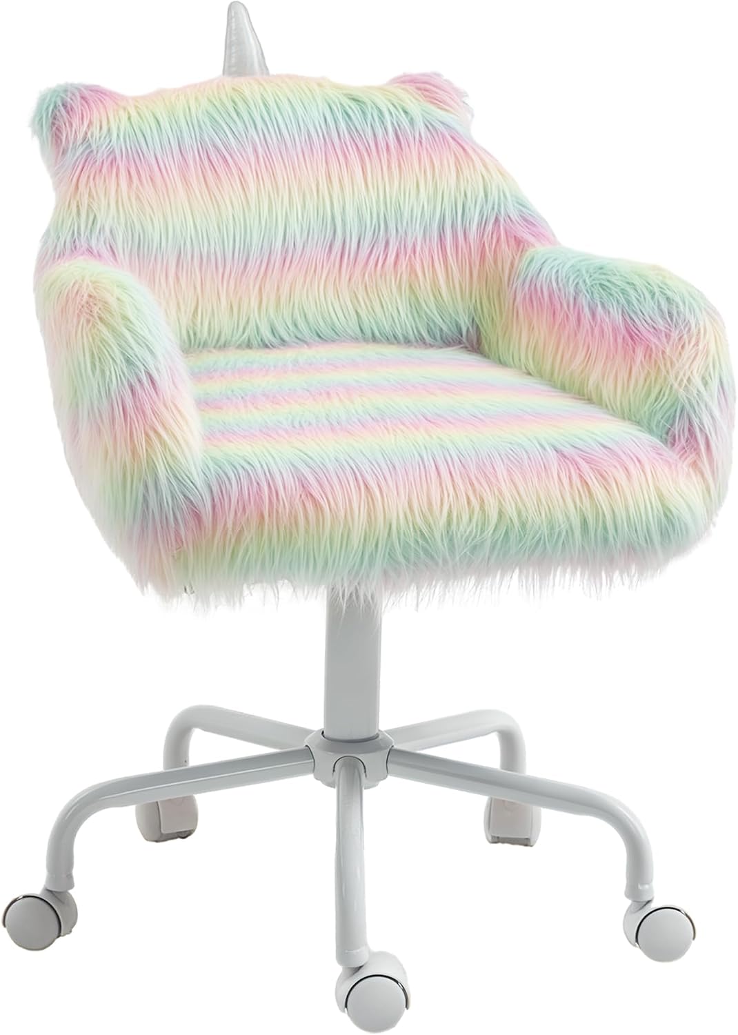 HOMCOM Fluffy Unicorn Office Chair with Mid-Back and Armrest Support, 5 Star Swivel Wheel White Base, Rainbow