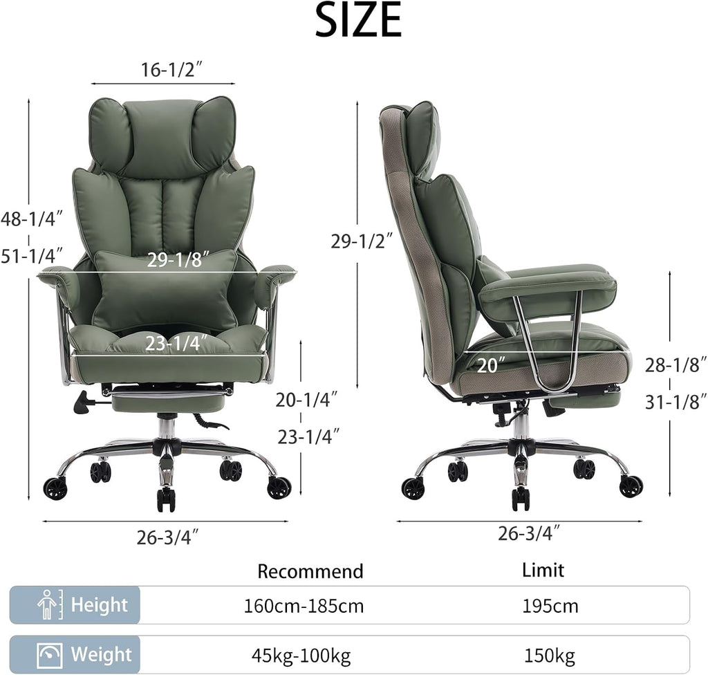 Efomao Executive Office Chair for Heavy People, High Back Computer Chair with Foot Rest, Height Adjustable PU Leather Office Chair,Big and Tall Office Chair (Green)