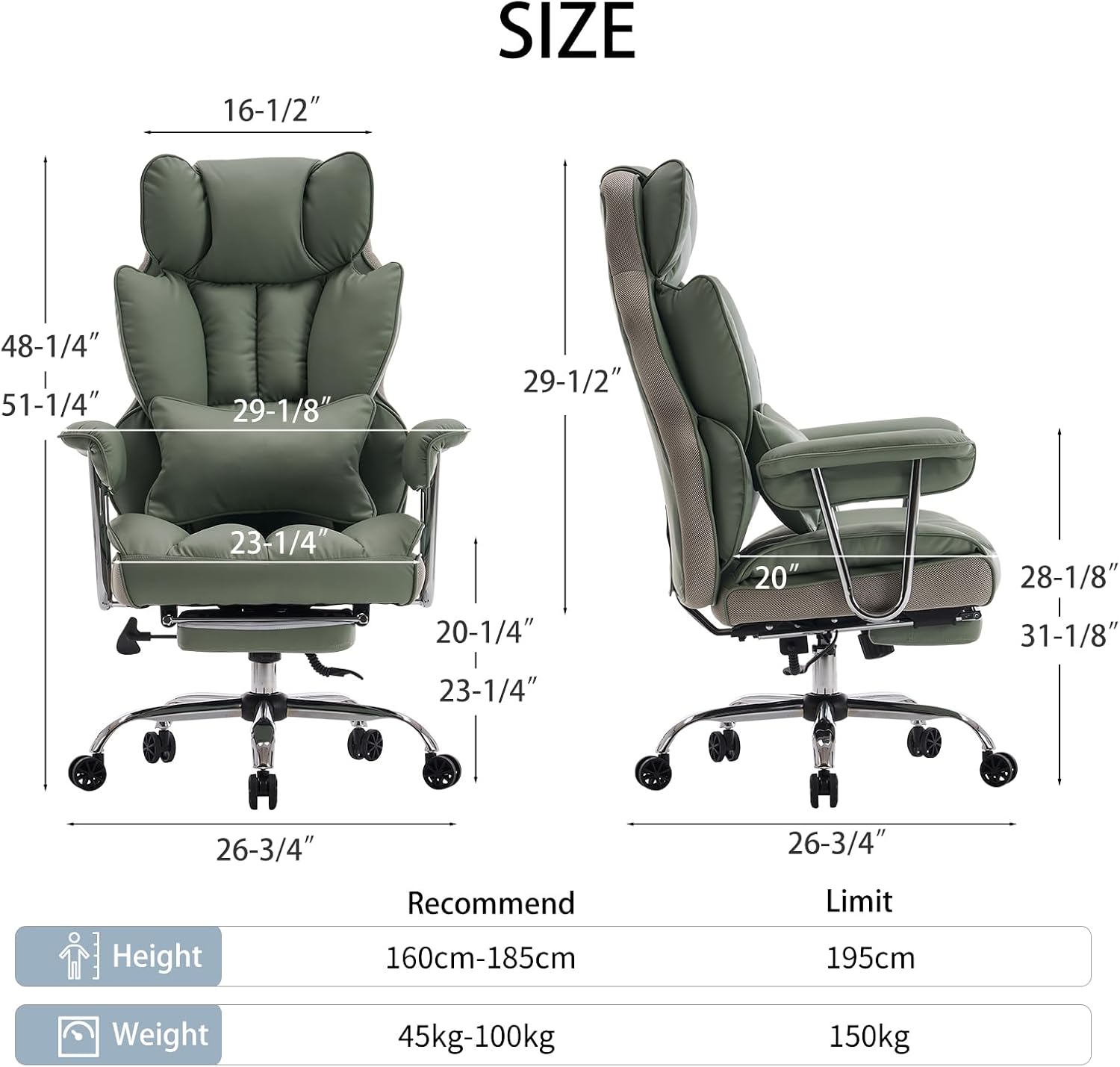 Efomao Executive Office Chair for Heavy People, High Back Computer Chair with Foot Rest, Height Adjustable PU Leather Office Chair,Big and Tall Office Chair (Green)