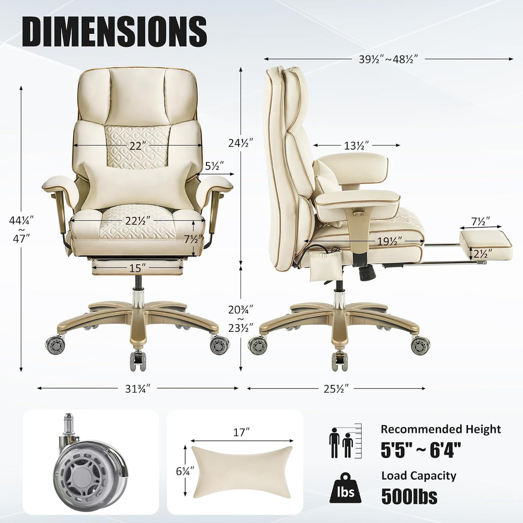 Leather Office Chair with Footrest, High-Back Executive Office Chair with Adjustable Lumbar Support, Luxury Desk Chair with Silent Wheels Rocking 360° Swivel, Height Adjustment,Beige