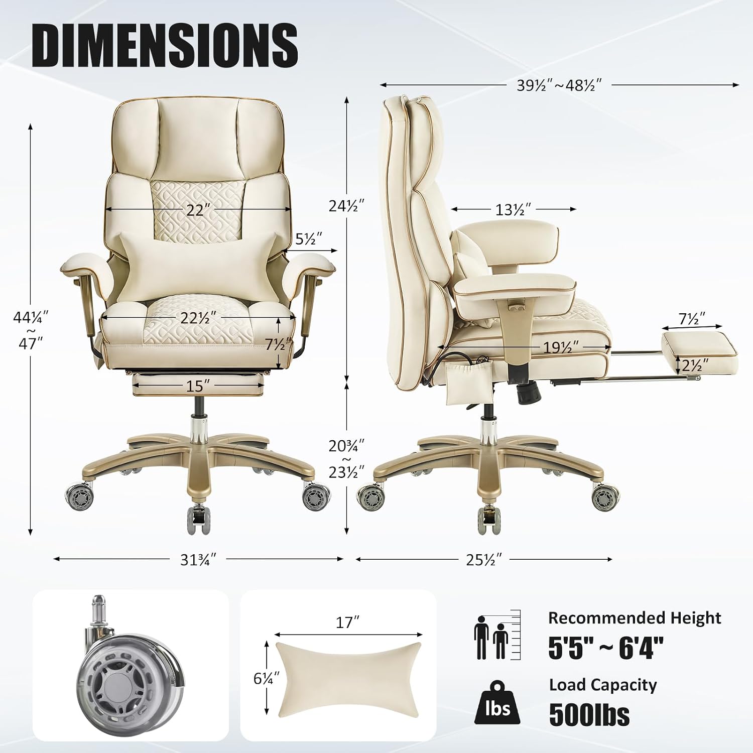 Leather Office Chair with Footrest, High-Back Executive Office Chair with Adjustable Lumbar Support, Luxury Desk Chair with Silent Wheels Rocking 360° Swivel, Height Adjustment,Beige