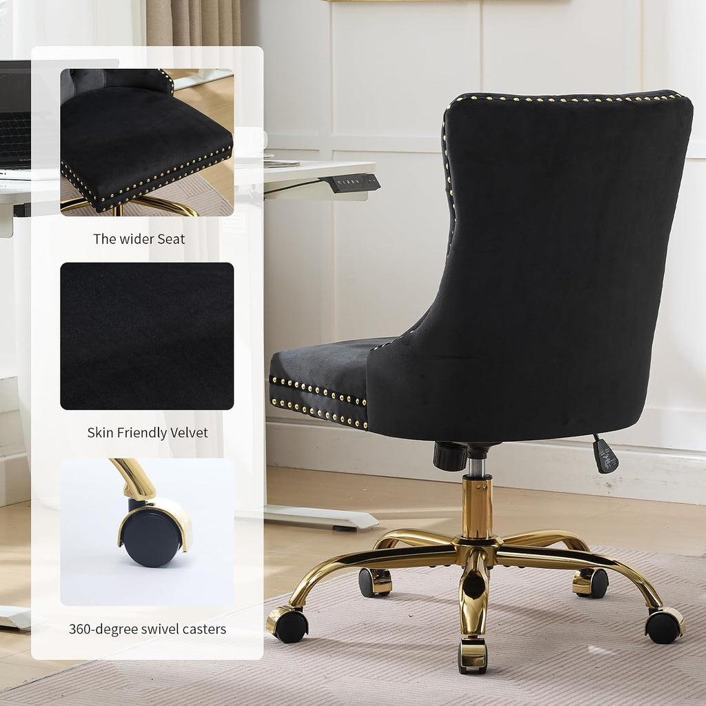 Black Velvet Armless Home Office Desk Chair with Wheels & Gold Base, Modern Comfortable Office Chair Rolling Task Chair, Upholstered Adjustable Computer Chair for Studio, Reception,Black