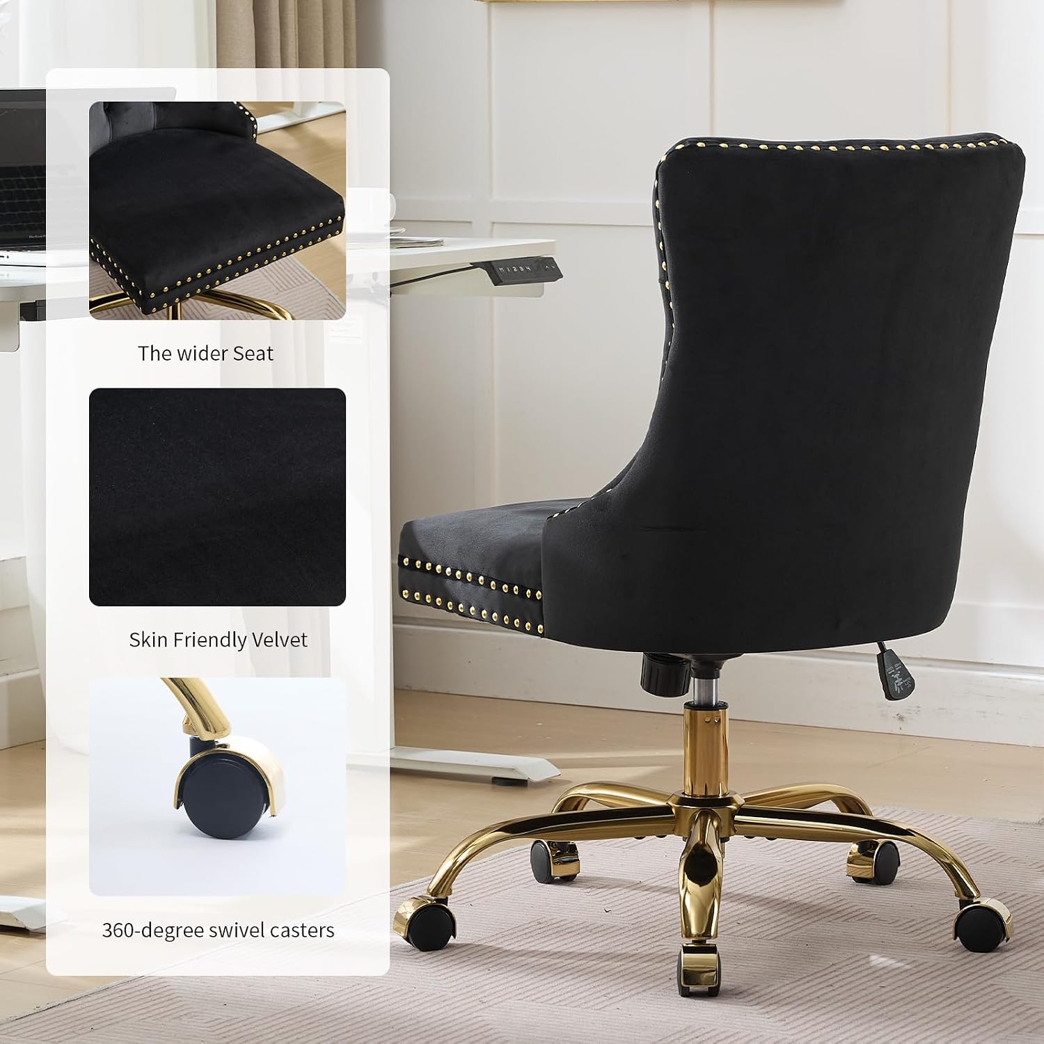Black Velvet Armless Home Office Desk Chair with Wheels & Gold Base, Modern Comfortable Office Chair Rolling Task Chair, Upholstered Adjustable Computer Chair for Studio, Reception,Black