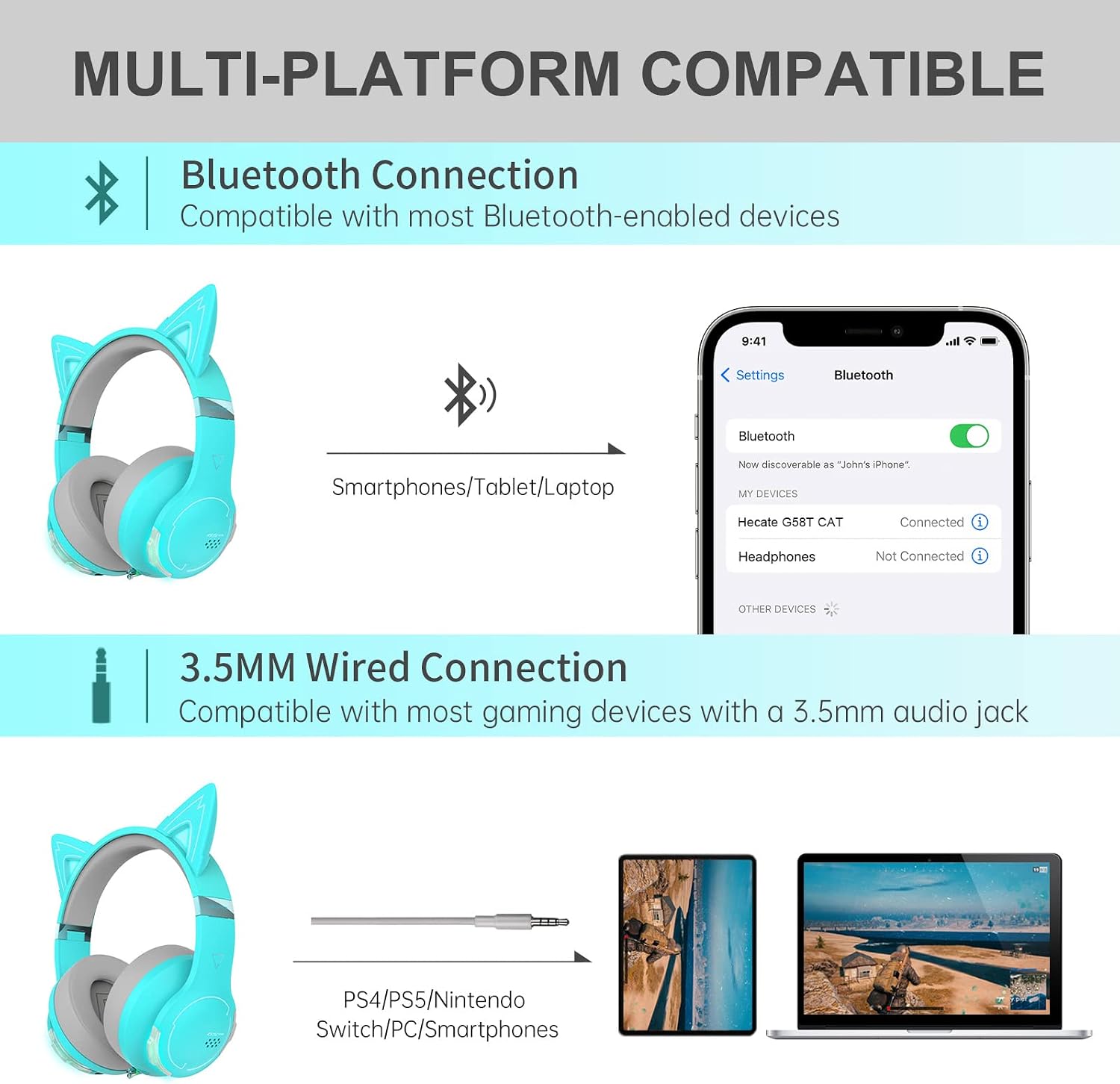 Edifier G5BT CAT Wireless Gaming Headset with Dual Mic, Bluetooth Gaming Headphones with Detachable Cat Ear for PC, PS5, PS4, Nintendo Switch, RGB Light - Turquoise
