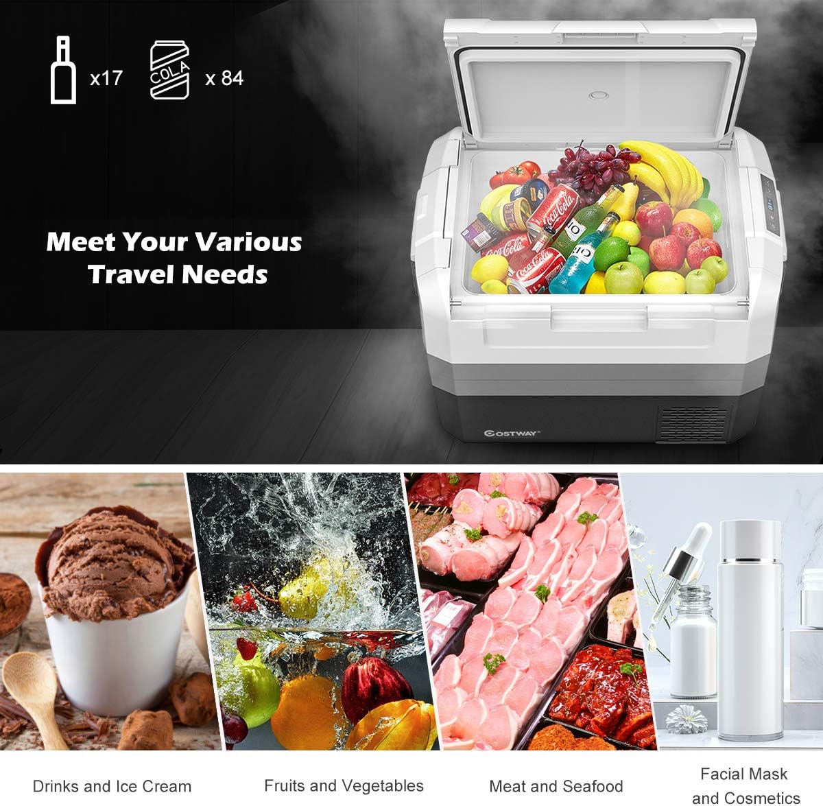 COSTWAY Portable Car Refrigerator, -14.8°F to 50°F, 58-Quart Compressor Travel Fridge with Two-way Open Door, Operating Panel, Groove Design, Compact RV Freezer and Cooler for Outdoor and Home Use