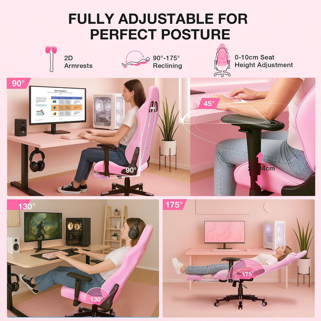 Douxlife 7-Point Massage Gaming Chair with Footrest, 400lbs Heavy Duty Ergonomic Computer Chair, 175° Reclining High Back Racing Seat for Adults with Adjustable Armrests & Lumbar Support, Pink