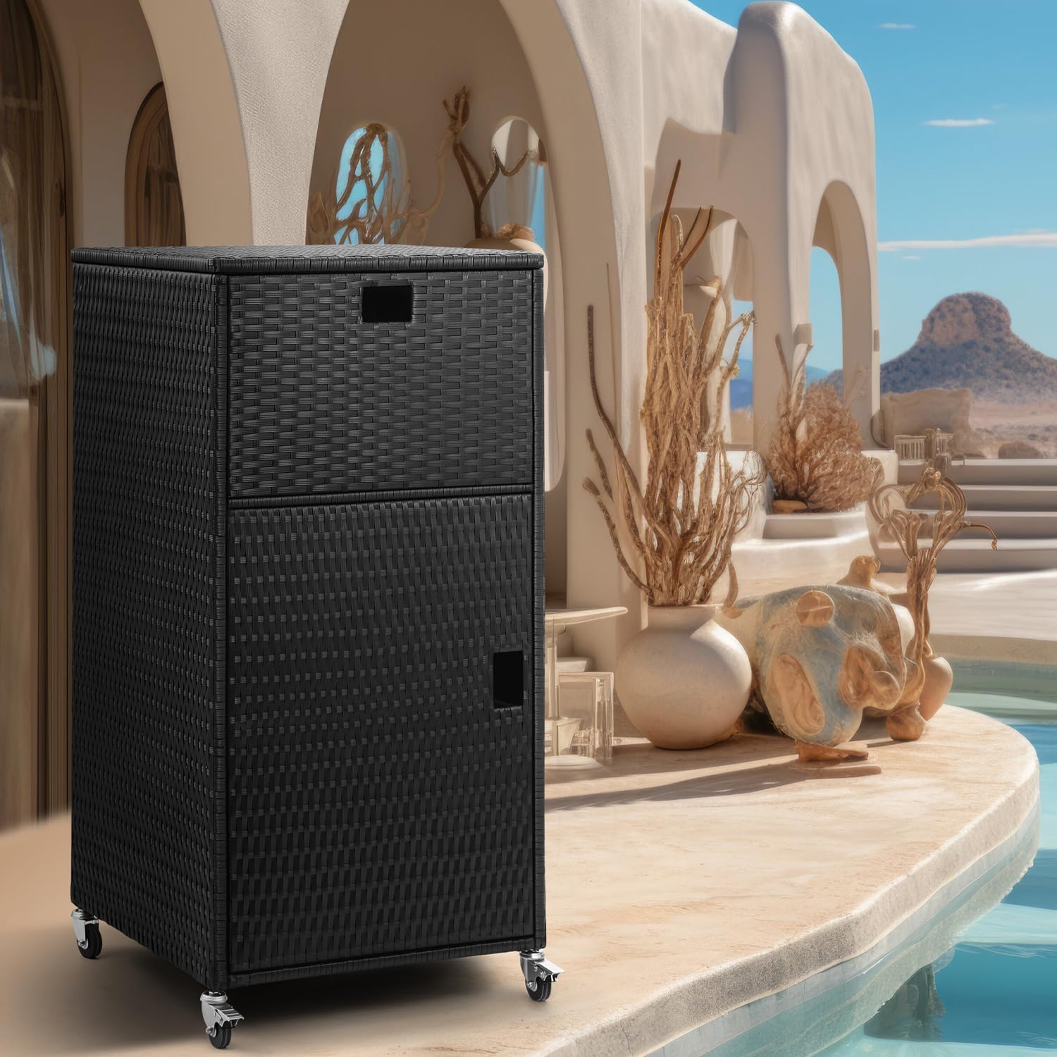Outdoor Pool Towel Storage Cabinet Outdoor Towel Rack for Pool with Shelf & Drawer Pool Towel Hoder with Rolling Wheels Hot Tub Towel Rack W/Waterproof Cover Poolside Towel Valet Caddy for Spa Black