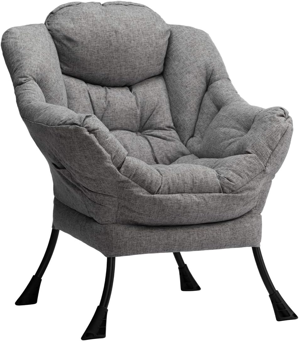 HollyHOME Lazy Chair with Armrest and Side Pocket, Comfy Accent Lounge Chair,Leisure Sofa Armchair for Living Room, Bedroom, Dorm, or Small Spaces, Oversized Reading Sofa Chair,Cotton-Linen Grey