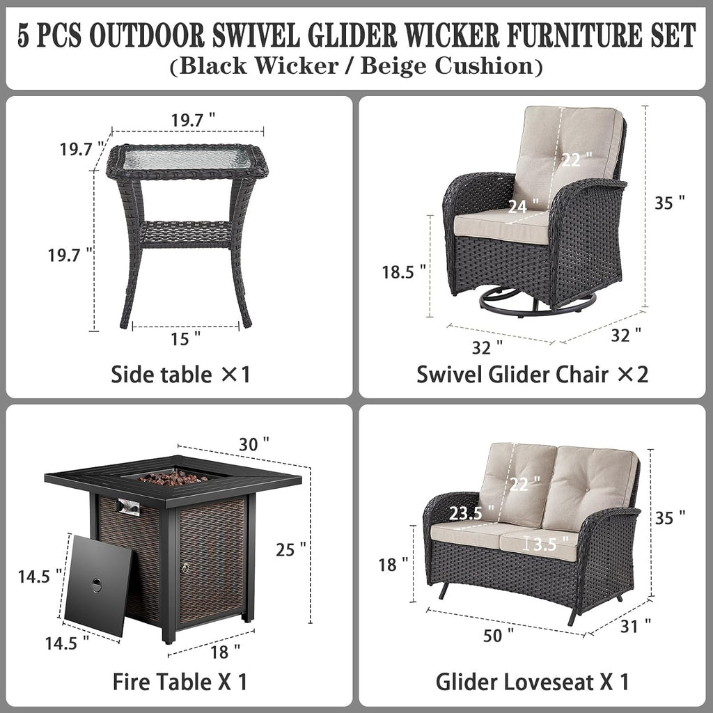 Belord 5 Pieces Patio Furniture Set with 30' Propane Fire Pit Table, Deep Seating Swivel Rocker Glider Outdoor Chairs Set of 4 with Side Table Set of 2 Patio Conversation Set Black Wicker