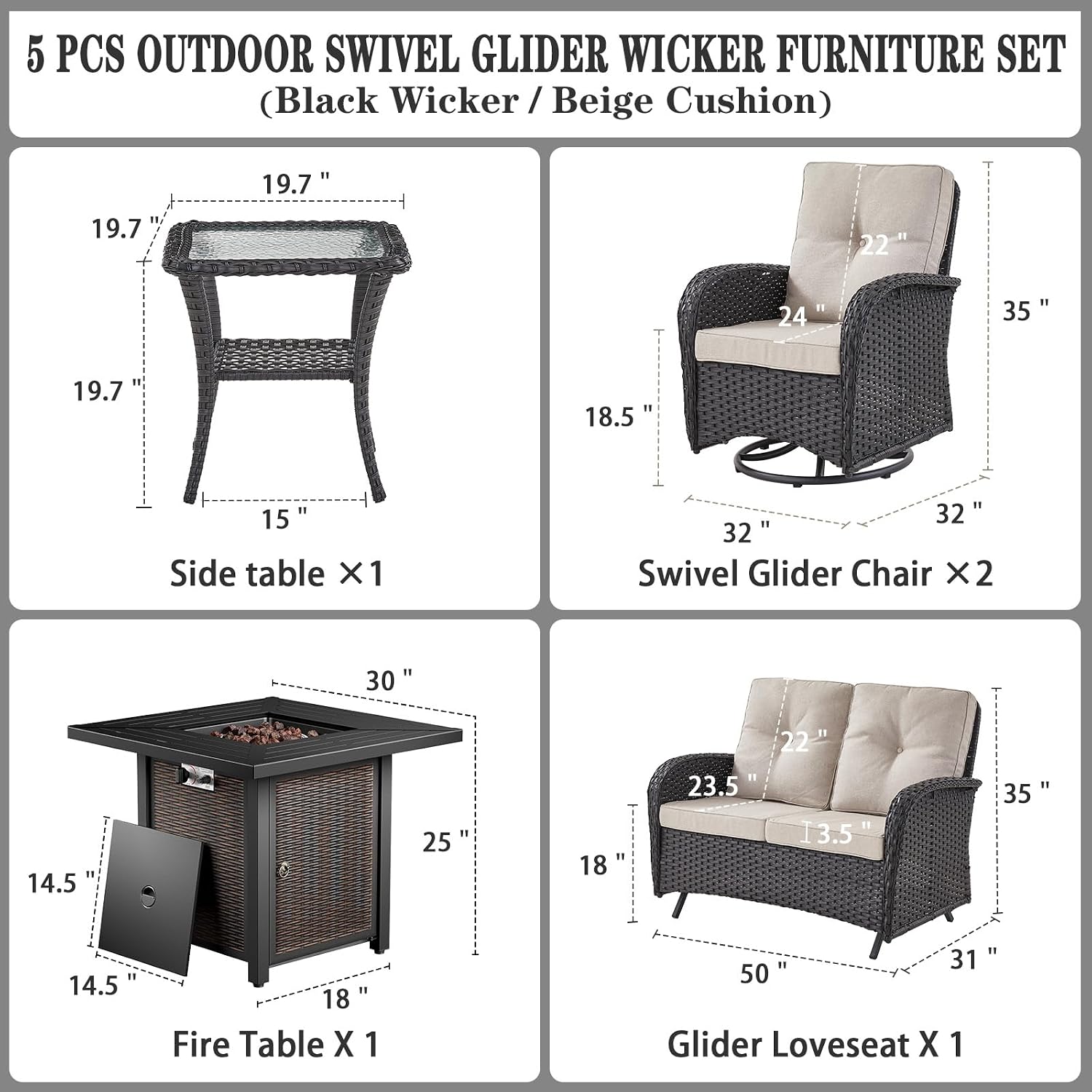 Belord 5 Pieces Patio Furniture Set with 30' Propane Fire Pit Table, Deep Seating Swivel Rocker Glider Outdoor Chairs Set of 4 with Side Table Set of 2 Patio Conversation Set Black Wicker