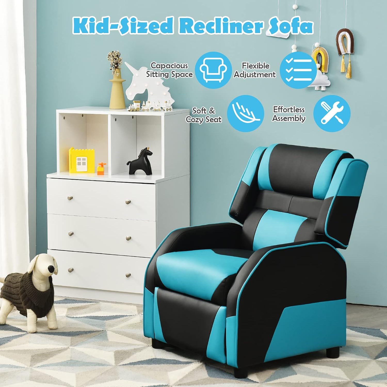 COSTWAY Kids Recliner Sofa, Toddler Leather Recliner with Adjustable Footrest & Headrest, Gaming Reclining Chair for Boys Girls Aged 3 Years Up, Kid-Sized Lounge Chair for Living Room (Blue)
