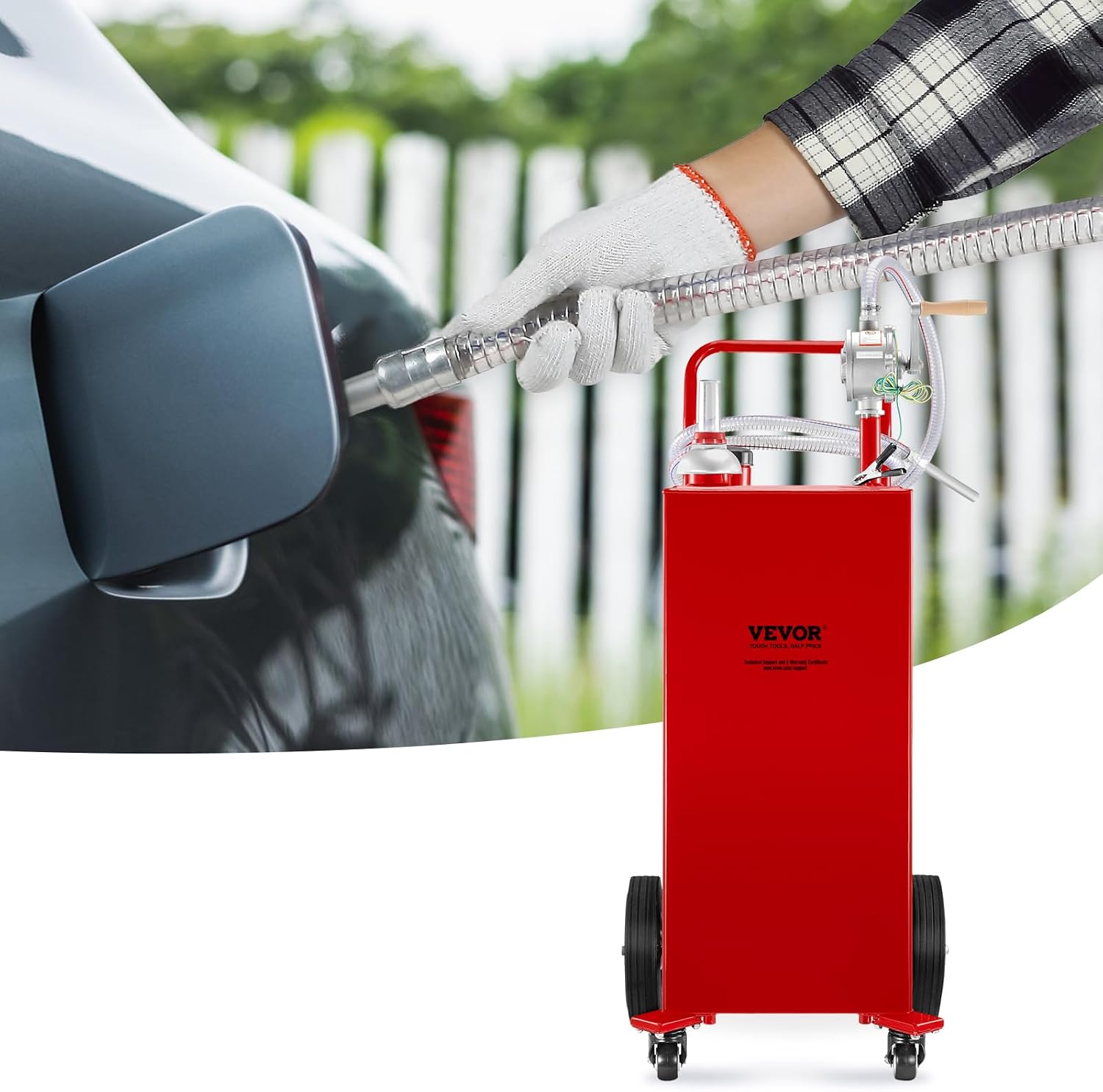 VEVOR Fuel Caddy 35 Gallon, Gas Storage Tank on 4 Wheels, with Manual Transfer Pump, Gasoline Diesel Fuel Container for Cars, Lawn Mowers, ATVs, Boats & More, Red