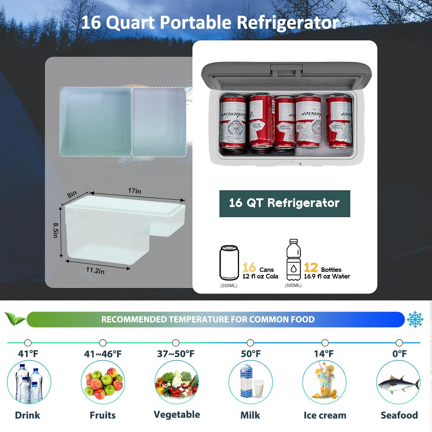 Alpicool MG15 Mini Portable Freezer, 12 Volt Car Refrigerator, 16 Quart Fast Cooling, with 12/24V DC and 100-240V AC for Outdoor, Camping, RV, Truck