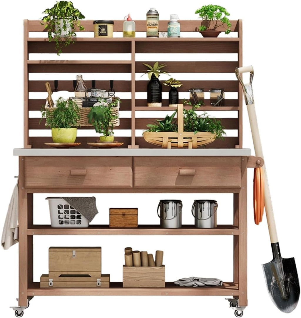 Outdoor Potting Bench Table on Wheels, Solid Wood Storage Island Gardening Workbench with Upper Hutch, Stainless Steel Top, Towel Rack for Outside Garden, Patio, Greenhouse, Brown