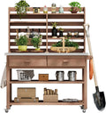Outdoor Potting Bench Table on Wheels, Solid Wood Storage Island Gardening Workbench with Upper Hutch, Stainless Steel Top, Towel Rack for Outside Garden, Patio, Greenhouse, Brown