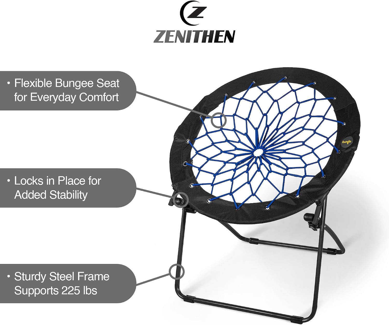 Zenithen Foldable 29' Bunjo Bungee Chairs, Plum, Indigo & Teal (Pack of 3) - Lightweight Collapsible Seating for Teens, Adults, Dorms, Bedrooms, Camping & Gaming - 225lb Capacity Portable Seat