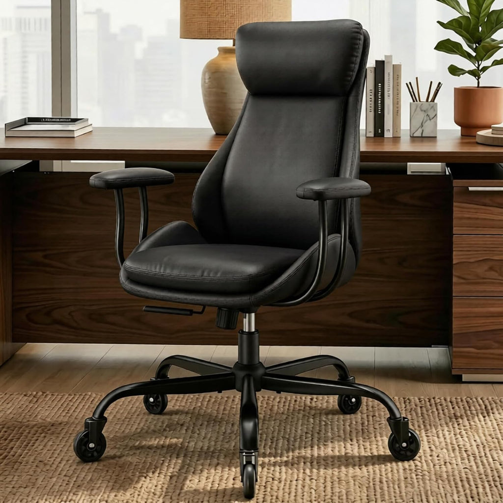 E-Motie Office Chair, Leather Desk Chair with Rubber Wheels, Ergonomic Computer Chair 500 LBS with Lumbar Support, High Back Executive Chair for Modern Home Office, Black