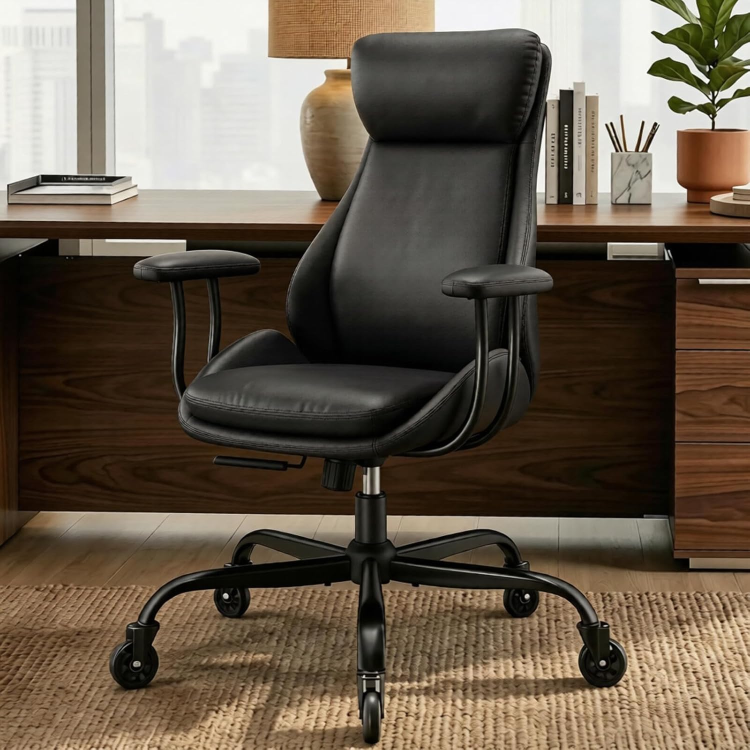 E-Motie Office Chair, Leather Desk Chair with Rubber Wheels, Ergonomic Computer Chair 500 LBS with Lumbar Support, High Back Executive Chair for Modern Home Office, Black