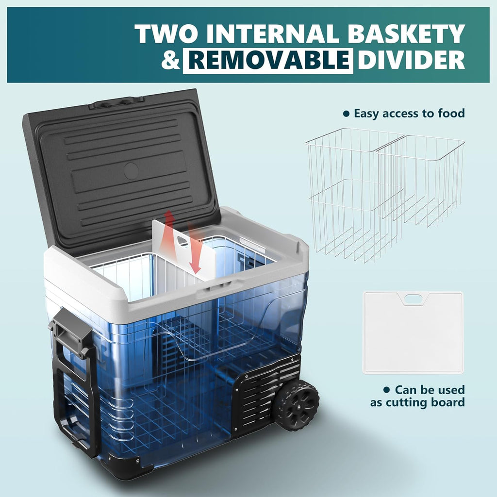 EUHOMY 12 Volt Refrigerator, 53QT(50L) Electric Cooler, Portable Freezer 12V/24V DC 100-240V AC, 12V Fridge -4℉~68℉, 12V Cooler with Wheels & 2 Baskets for Travel,Camping,Truck,Boat
