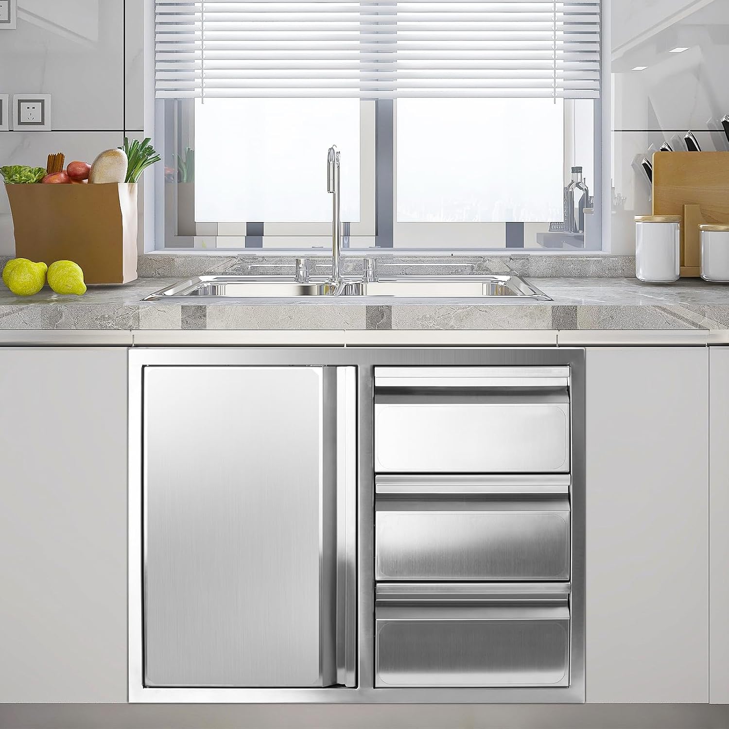 Outdoor Kitchen Drawer Combo, Stainless Steel Sealed Storage Combo with Triple Drawer, Outdoor Kitchen for BBQ Island, Grilling Station, Outside Cabinet (27.8' W x 21.8' D x 19.6' H)（Right Drawer）