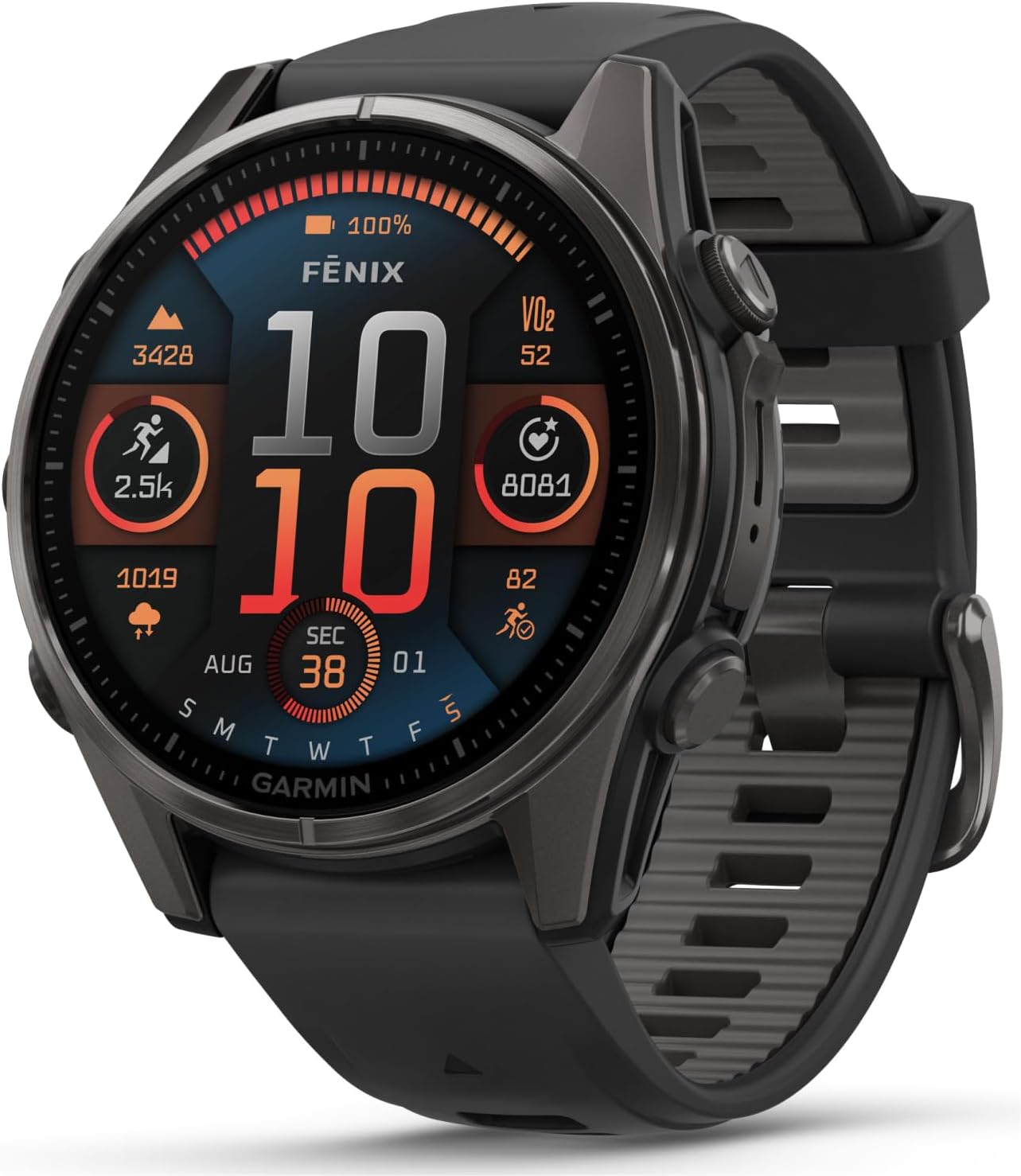 Garmin Fenix 8 – 43 mm Sapphire, AMOLED Multisport GPS Smartwatch, Carbon Gray DLC Titanium with Black/Pebble Gray Silicone, Built-in LED Flashlight White Earbuds Bundle