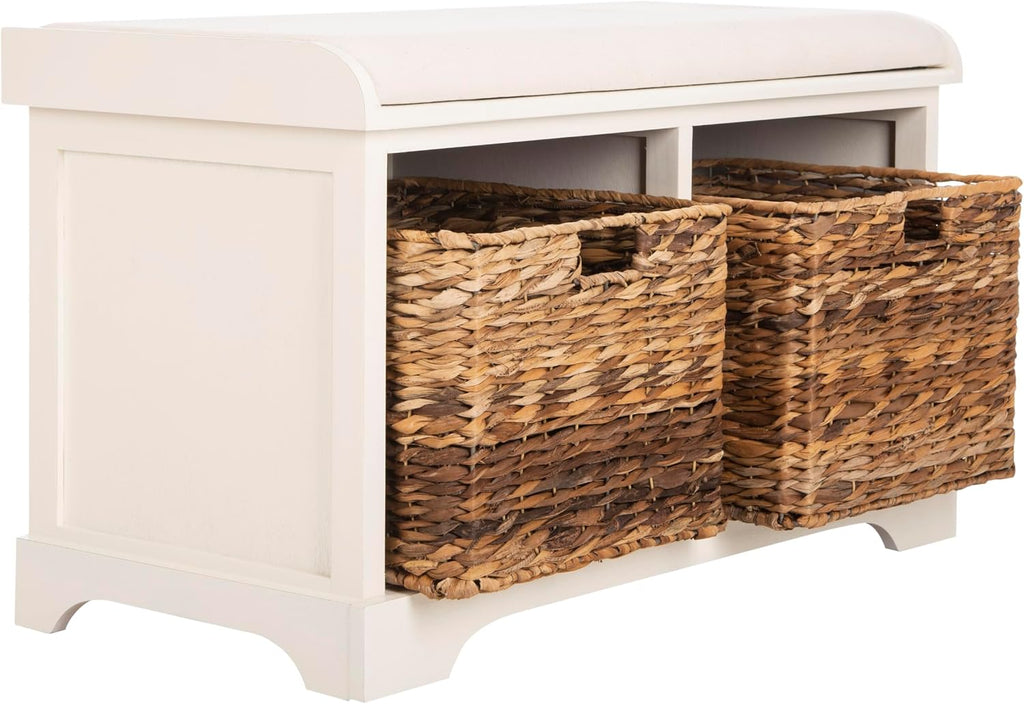SAFAVIEH Home Collection – Freddy Vintage White Storage Bench with Wicker Baskets & Cushion, Entryway Seating Bench, Fully Assembled (AMH5736D)