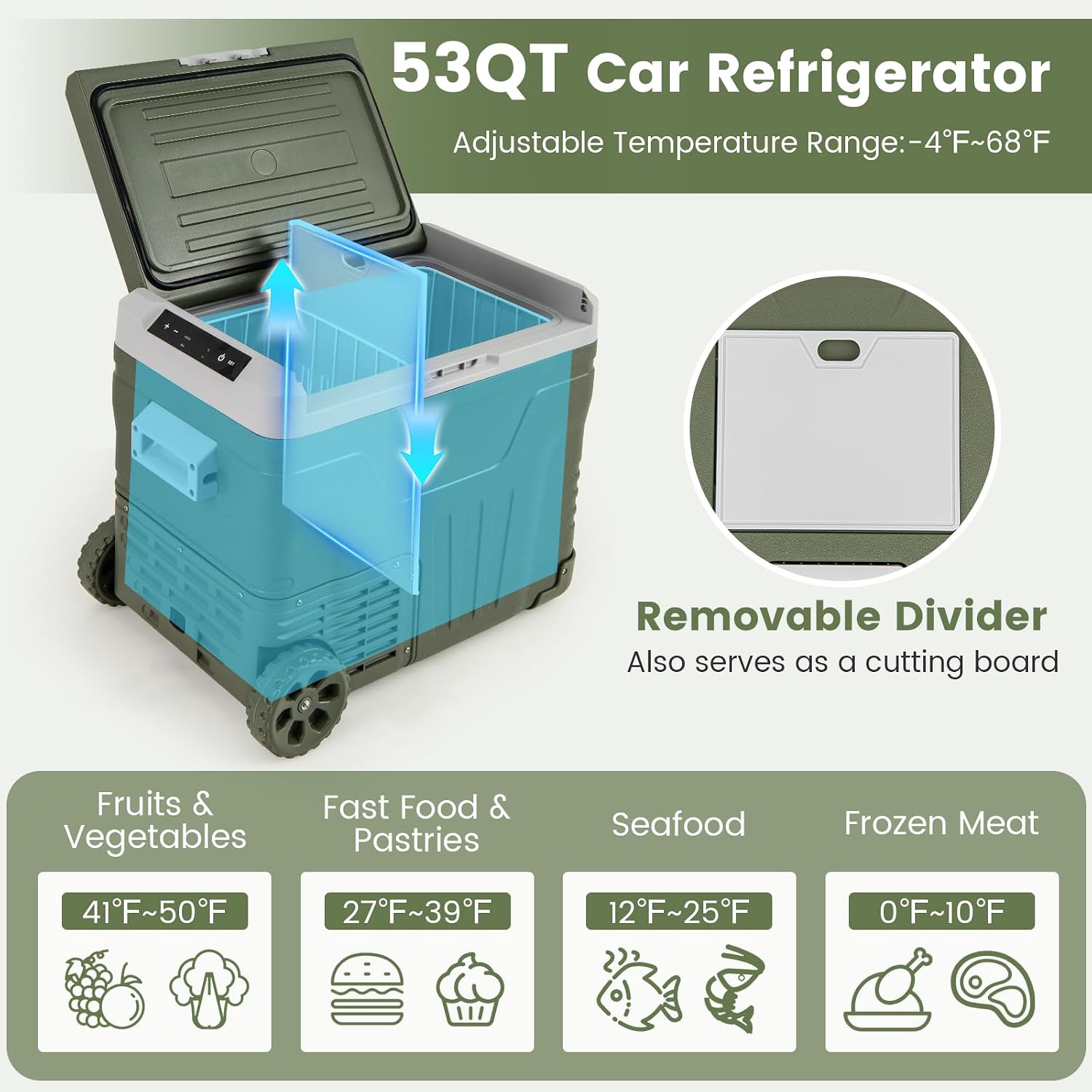 COSTWAY Car Refrigerator with Wheels, 53-Quart Electric Cooler, 12V/24V DC, 100-240V AC, -4°F To 68°F, Portable Car Fridge Freezer with Pull Handle & 2 Wheels for RV Camping, Black