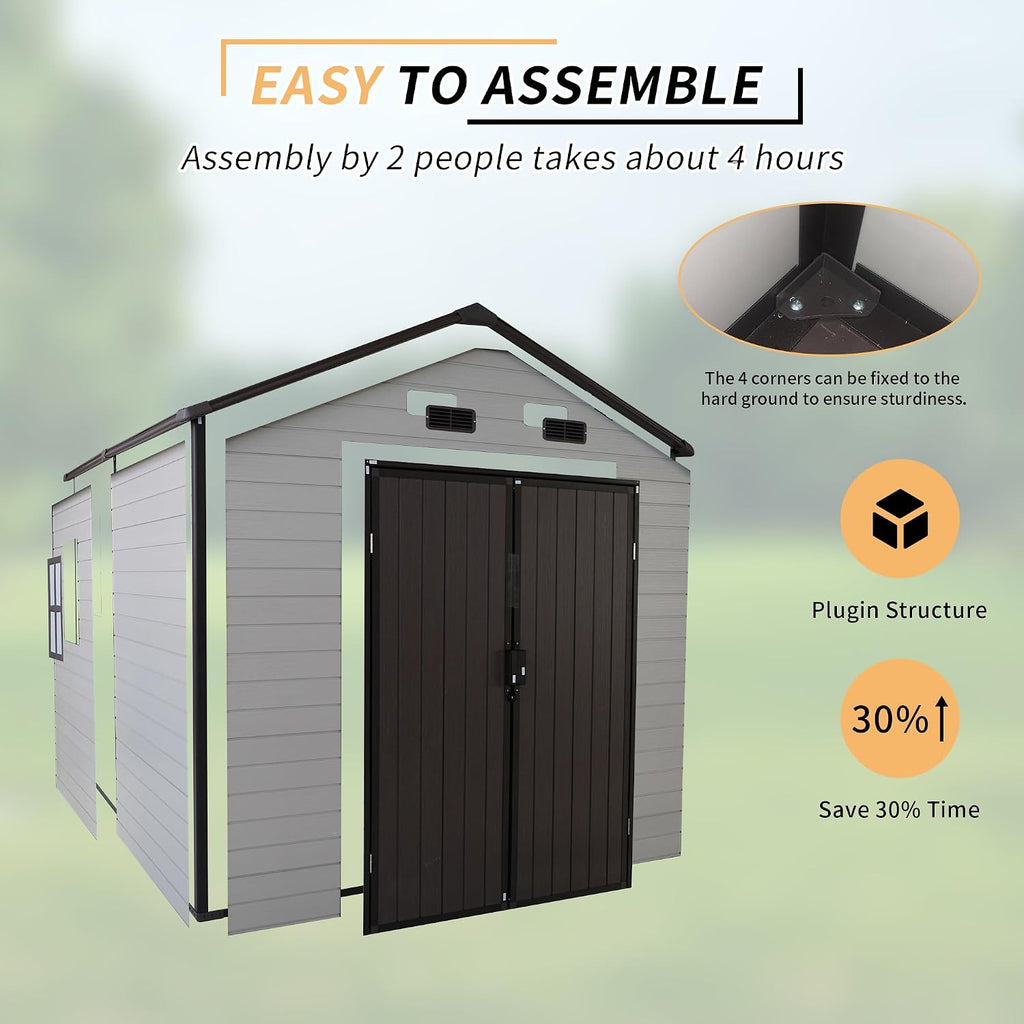 YOPTO 8x8x7.6FT Outdoor Resin Storage Shed with Windows and 4 Vents,Waterproof Strong Aluminum Frame w/Lockable Design & Door,Tool House for Storing Bicycles,Lawnmowers,Barbeques,White+Brown